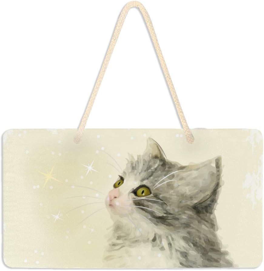 VIKKO Retro Christmas Cat Golden Ball Christmas Door Sign PVC Front Door Plaque Hanger Xmas Holiday Decoration for Farmhouse Office Coffee Shop Bar, 6 X 11 Inch