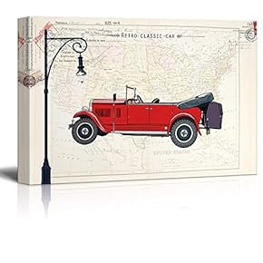 Canvas Wall Art - Classic Vintage Red Car on Retro Style Background - Giclee Print Gallery Wrap Modern Home Art Ready to Hang - 12x18 inches