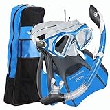 U.S. Divers Admiral Snorkeling Set - Premium Silicone Snorkel Mask, Trek Travel Fins, Dry Top Snorkel + Snorkeling Gear Bag, Cobalt Blue, Medium