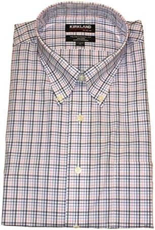 Traditional Fit Non-Iron Button Down Collar Oxford Shirt (17-32/33, Pink Blue White Mini Plaid)
