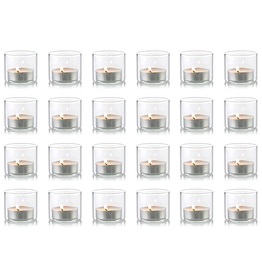 NUPTIO Set of 24 Clear Glass Tealight Holders, Votive Holders for Christmas Table Decorations, Tea Light Candle Holder, 4.6cm W x 4cm H, for Weddings Party Halloween Spa Reiki Meditation