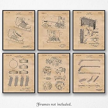 Original Hockey Patent Art Poster Prints, Set of 6 (8x10) Unframed Photos, Great Wall Art Decor Gifts Under 20 for Home, Office, Garage, Shop, Studio, Man Cave, Student, Teacher, Coach, Team, NHL Fan