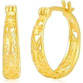14K Solid Gold Hoop Earrings for Women,14kt Real Yellow Gold Small Filigree Huggie Hoop Earrings Jewelry Gifts for Mom Wife Birthday Christmas Mother's Day