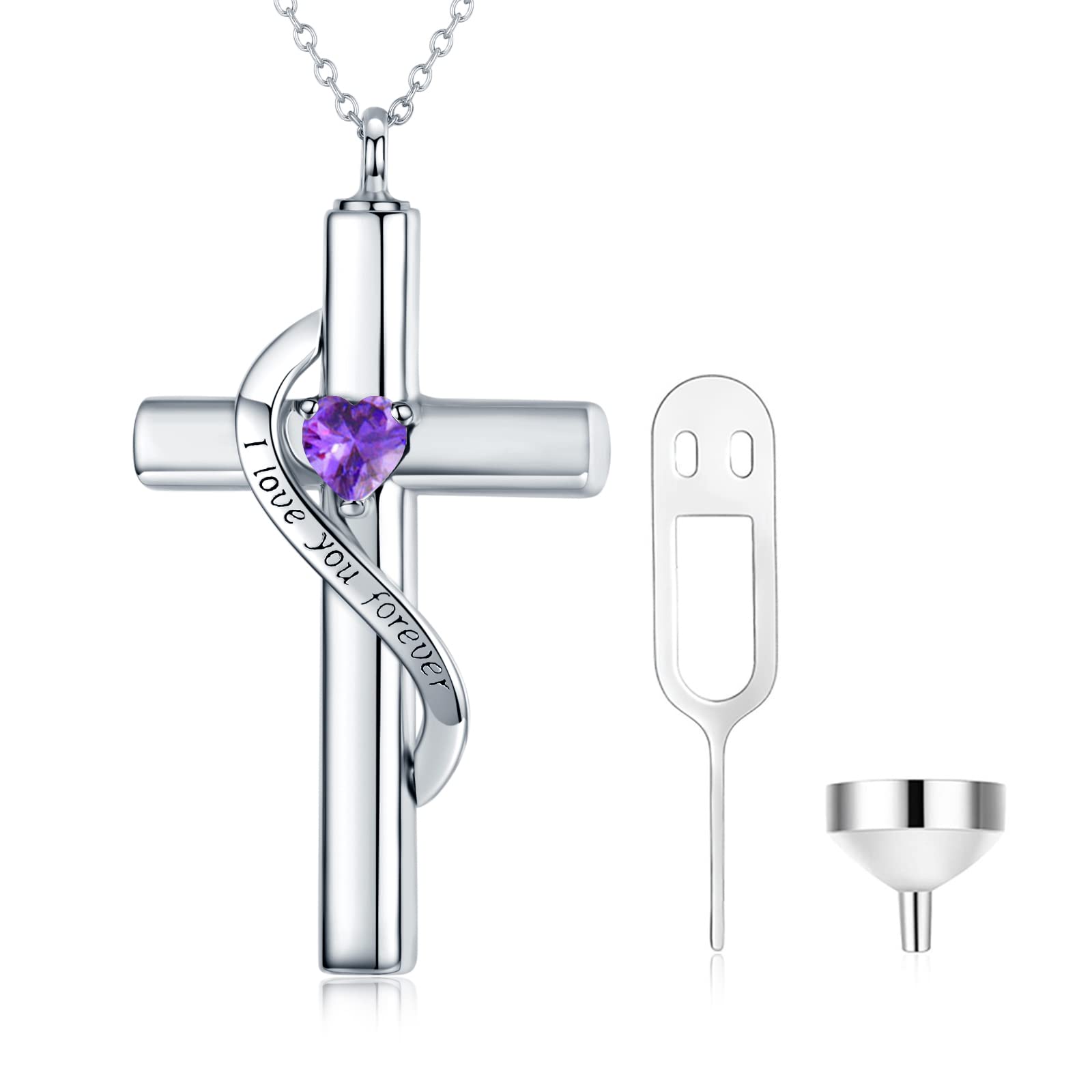 SOULMEET Crystal Cross Necklace for Ashes, Sterling Silver I Love You Forever Birthstone February Cross Urn Necklaces for Ashes Keepsake Cremation Jewelry for Pet Human Ashes