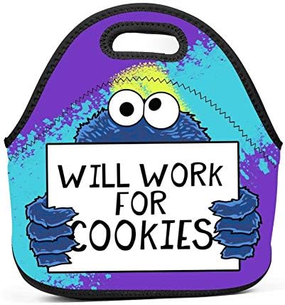 Neoprene Lunch Bag - Removable Shoulder Strap-Large Size Reusable Lunch Handbag, Cookie Monster Tote Waterproof Outdoor Travel Picnic Carry Case Lunchbox with Zipper for Womens Mens Boys Girls