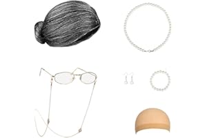 JOIZOMOU Old Lady Costume for Women Old Lady Wig Grandma Granny Wig and Glasses Old People Cosplay for 100th Day of School Party