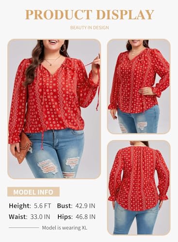 EYTINO WOMEN PLUS SIZE CHIFFON TOPS BOHO FLORAL PRINTED V NECK LONG SLEEVE DRAWSTRING BLOUSES SHIRTS,2X MULTICOLOR
