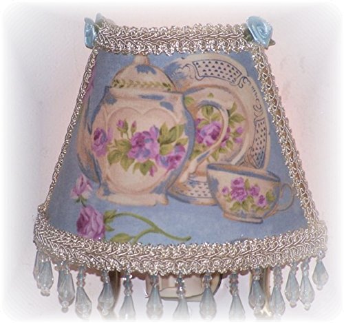 Teapot Teacup Plate Purple Roses Blue Night Light with Lt Blue Beading
