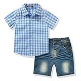 Toddler Boy's Clothes Short Sleeved Plaid Woven Shirt With Denim Shorts Sets