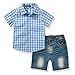 FERENYI Toddler Boy's Clothes Short Sleeved Plaid Woven Shirt with Denim Shorts Sets (2 Years, Blue)