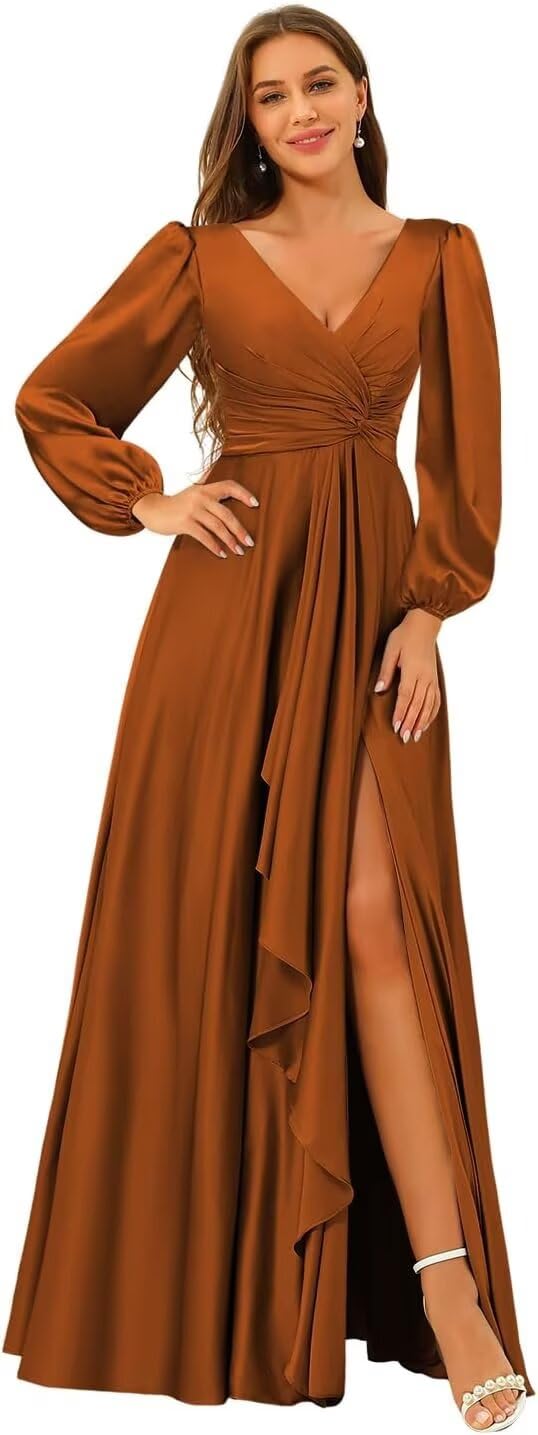 Photo 1 of vintys Womens Satin Bridesmaid Dresses with Long Sleeves V-Neck A Line Ruffle Satin Formal Evening Party Dress with Pockets for Wedding Guest Burnt Orange 6