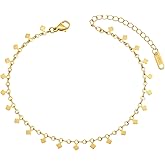 18K Gold Plated Ankle Bracelets for Women Dainty Star Coin Teardrop Square Tassel Anklets Cute Dangle Foot Chain Stainless Steel Beach Foot Jewelry