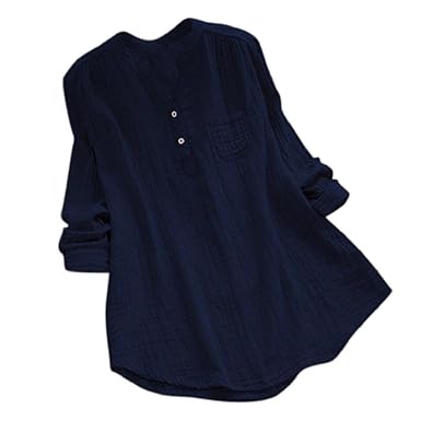 YEBIRAL Damen Bluse Lose Einfarbig Große Größen V-Ausschnit Langarm Leinen Lässige Tops T-Shirt Bluse S-5XL