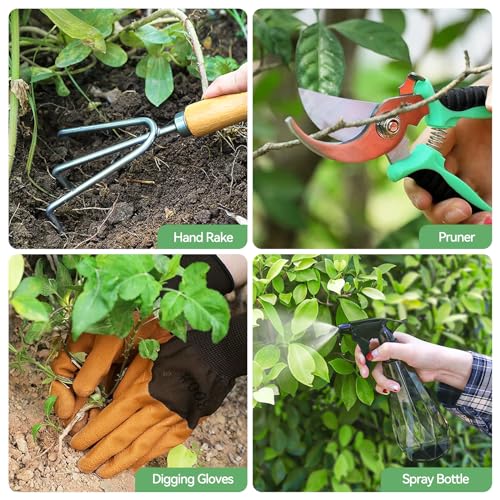 Grenebo Garden Tool Set, 9 Pieces Garden Tool with Garden Tools Organiser Handbag, Rustproof and Ergonomic Garden Tools Set, Ideal Garden Gifts for Women for Garden Lovers