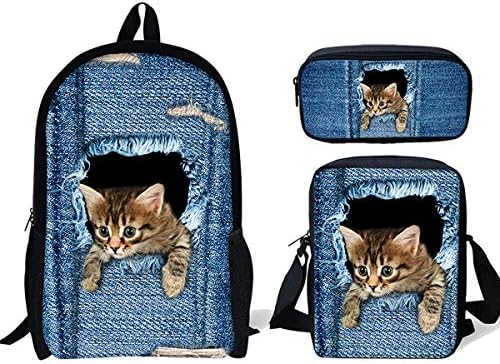 ThiKin Cute Cat Demin Print School Backpacks for Kids Boy Girls Lightweight Backpack Bookbags Set