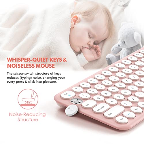 Wireless Keyboard and Mouse Combo, XTREMTEC Cute Keyboard Pink Retro Round Keycap, Ultra Thin Quiet 2.4GHz Retro Kawaii Keyboard for Mac/PC/Laptop (Sakura Pink)