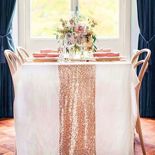 TRLYC Rose Gold Sequin Table Runners - 6 Pieces 12 by 108-Inch Shiny Rose Gold Table Runner for Wedding Party Christmas Birthday Baby Shower
