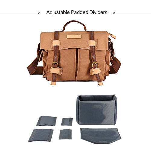 Canvas Leather DSLR SLR Vintage Shoulder Camera Messenger Bag Outdoor Travel Photography Bag Gadget Organizer with Shockproof Insert & iPad Magazine Pocket for Sony Canon Nikon (Large Brown)