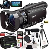 Sony FDR-AX100/B 4K Camcorder Bundle with 64GB Memory Card, Aluminum Travel Tripod with Ball Head, Camera Bag, 62mm Filter kit, Shotgun Microphone and Cleaning Kit