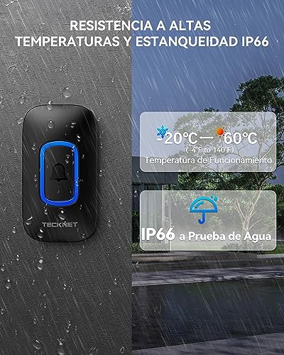 TECKNET Battery Powered Wireless Doorbell, IP66 Waterproof, 400M Range, 5 Volume Levels, 60 Melodies, RGB Removable Battery, External Wireless Doorbell