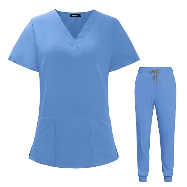 VIAOLI SCRUBS FOR WOMEN SET V-NECK POCKET TOP & DRAWSTRING JOGGER SCRUB PANTS STRETCH NURSING SCRUBS SET UNIFORM