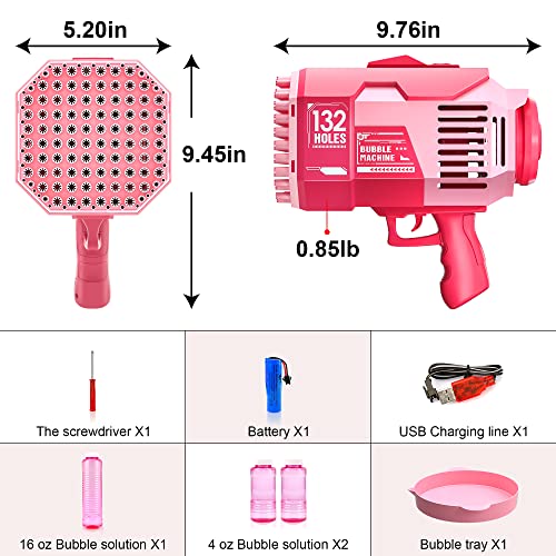 Bubble Machine Gun, Upgraded 132 Holes Bubble Gun with Lights/Bubble Solution, Bubble Maker for Kids Boys Girls Adults Outdoor Indoor Birthday Wedding Party Gifts,Pink