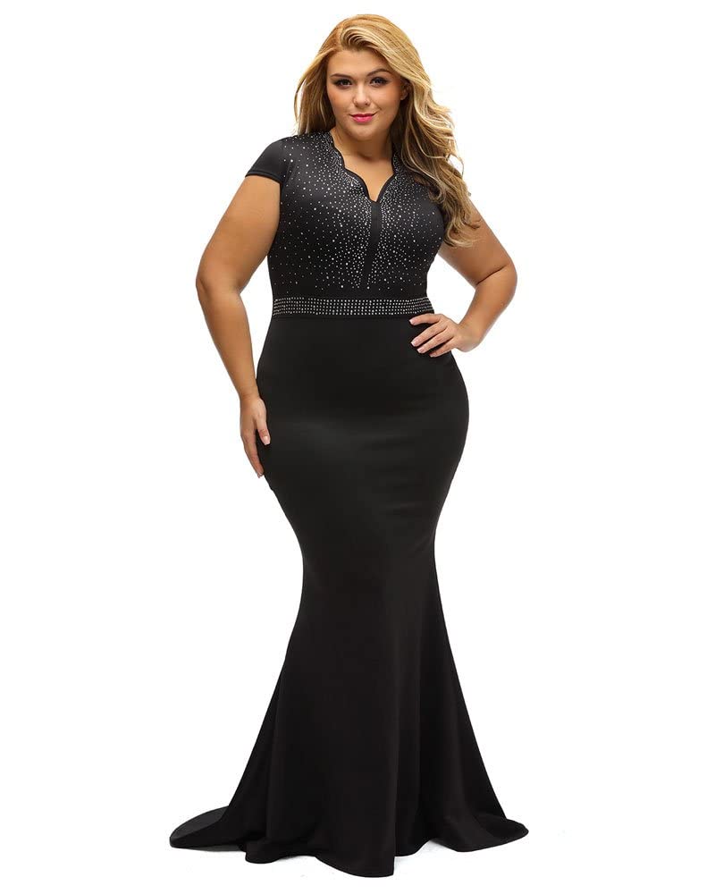 Photo 1 of LALAGEN Women's Short Sleeve Rhinestone Plus Size Long Cocktail Evening Dress Black XL