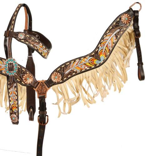 Showman Leather Headstall & Breast Collar Set w/Painted Feather Design & Fringe! New Horse TACK!