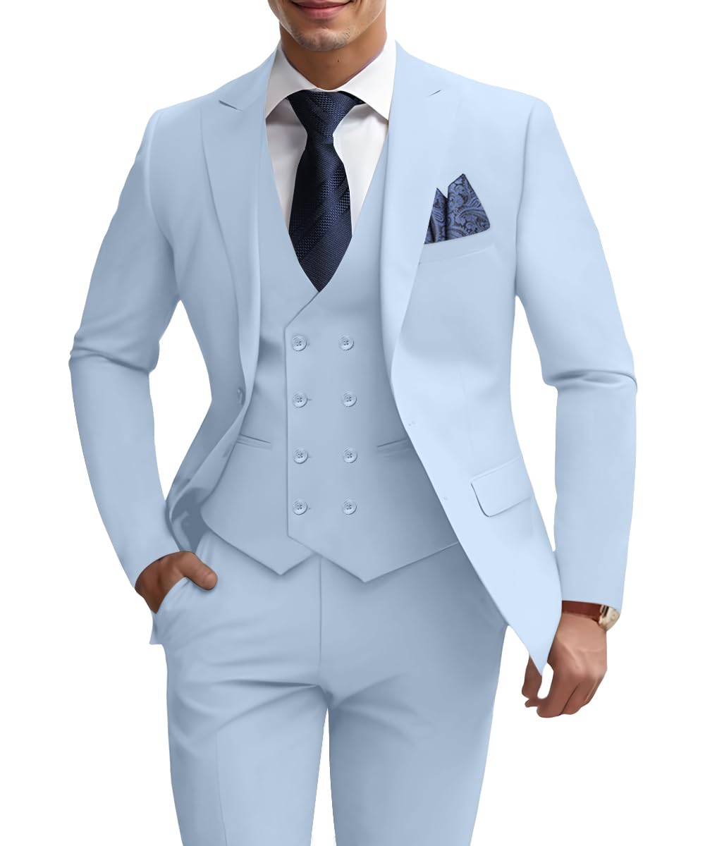 WOMS Men's 3 Piece Slim Fit Suit, Light Blue