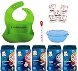 Gerber Baby Cereal Lil' Bits & Hearty Bits Ultimate Variety Pack, Silicone Baby Bib, Spoon and Bowl. Bundle of 5 Cereals