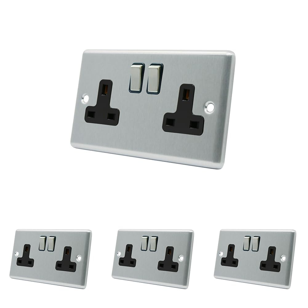 AET CSC2GSOCBS Satin Chrome Classical 2 Gang Black Insert Metal Rocker Switches-13 Amp Double Plug Socket, 250 V (Pack of 4)