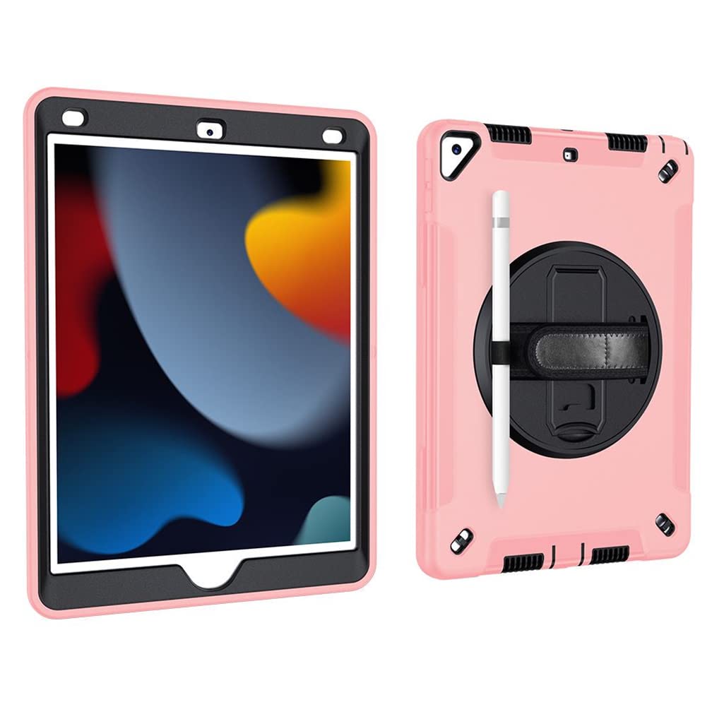Case for iPad 10.2 Inch 9th/8th/7th gen 2021/2020/2019 with 3-in-1 design, Minimalist shockproof case with pen hanging and 360 degree rotatable stand wrist strap, Pale pink