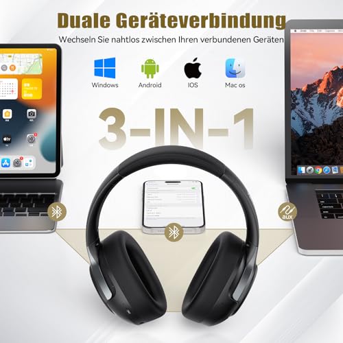 TECKNET Over Ear Bluetooth Headphones with Hybrid Active Noise Cancelling, Wireless Bluetooth 6.0 Headphones, 70 Hours Playback Time, 6 EQ Modes, 3.5 mm Audio Cable for Home, Travel and Office, Black