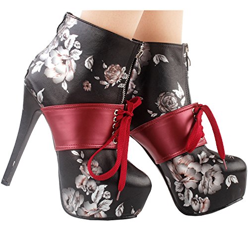 SHOW-STORY-Retro-Black-Red-Two-Tone-Flower-Print-Lace-Up-Zip-Platform-Stiletto-Ankle-Bootie-BootLF80857