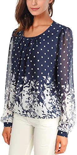 MeiC Women's Scoop Neck Long Sleeve Chiffon Blouse Top Medium Navy Floral_2