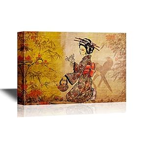 Japanese Culture Canvas Wall Art - Traditional Japanese Woman Dressed in Kimono with Teapot - Gallery Wrap Modern Home Art | Ready to Hang - 12x18 inches