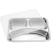 ERINGOGO Metal Sectioned Plate Stainless Steel Divided Plates with Lid, Rectangular Dinner Tray Diet with 3 Sections, Steckable Serving Platter Snack Fruit for, Campers