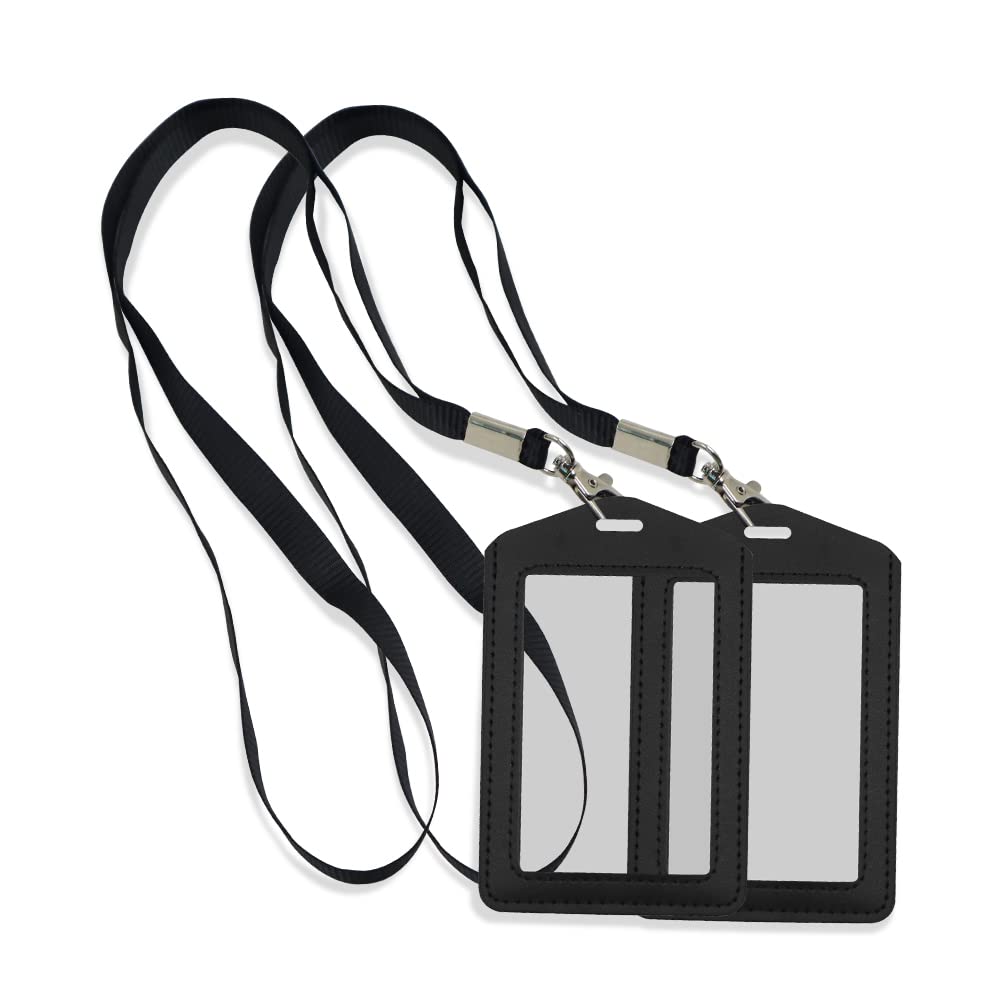 Modixun 2Pcs Leather ID Badge Holder, Vertical Leather Business Badge Card Holder with Double Clear ID Window, 2 Detachable Neck Lanyard Straps, Black