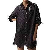 utcoco Women's Embroidered Eyelet Lace Shirt Dresses Button Down Shirts Casual Loose Fit Mini Dress
