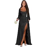 Jgogm Long Sleeve Bridesmaid Dresses with Slit Ruffles Chiffon Square Neck Corset Maxi Formal Dresses for Women