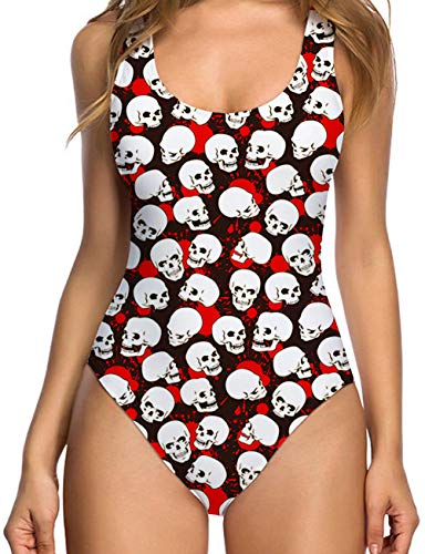 TUONROAD Retro 80s/90s One Piece Swimsuit Bodysuit for Women Ladies Halloween Print White Black Skull Red Bloo