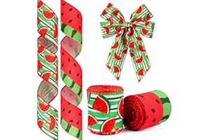 2 Rolls Summer Ribbons Wired for Wreath Bows Wrapping Gifts, Red Fruit Watermelon Ribbon for Gift Wrapping Party Decoration D