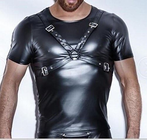 Western Style Men Sexy Sexy Underwear Muscle Shirt, Nightclub Stage Performance Patent Leather Tight-fitting Vest (including Body With),Black,XL