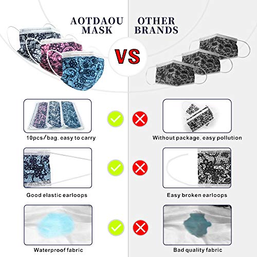Lace Disposable Face Masks, 3 ply Earloop Printed Lace Face Masks, Soft Fashion Masks for Women with Designs, Fancy Patterned Breathable Face Mask with Adjustable Nose Wire - 30PCS