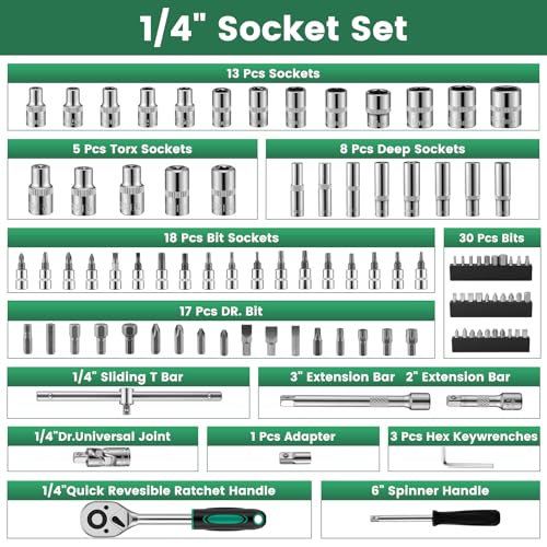 Ginour Socket Spanner Set 138-Piece 1/4 Inch & 1/2 Inch CR-V Ratchet Box with Bits, Extensions and Adapters, Tool Set for Car Repair and DIY