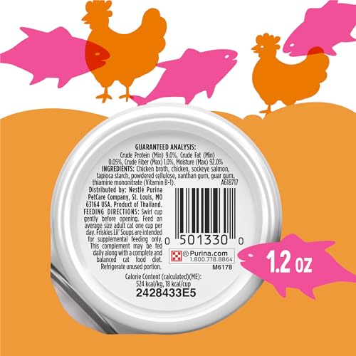 PURINA FRISKIES GRAIN FREE LICKABLE CAT FOOD TOPPERS LIL’ SOUPS WITH SOCKEYE SALMON IN CHICKEN BROTH – (PACK OF 8) 1.2 OZ. CUPS