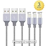 Lightning Cable,Live2Pedal Compatible iPhone Cable 3-Pack 3FT 6FT 10FT Charging Cable Data Nylon Braided Cord Charger iPhone X/XS/XSmax/XR/8/8Plus/7/7Plus/6/6Plus/6s/6sPlus/5/5s/5c/SE.(White+Grey)