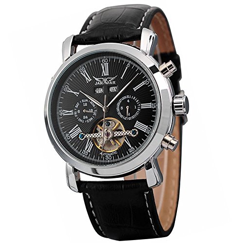 GuTe Dress Mens Steel Decor Tourbillon Automatic Mechanical Wrist Watch Black Dial Full-calendar