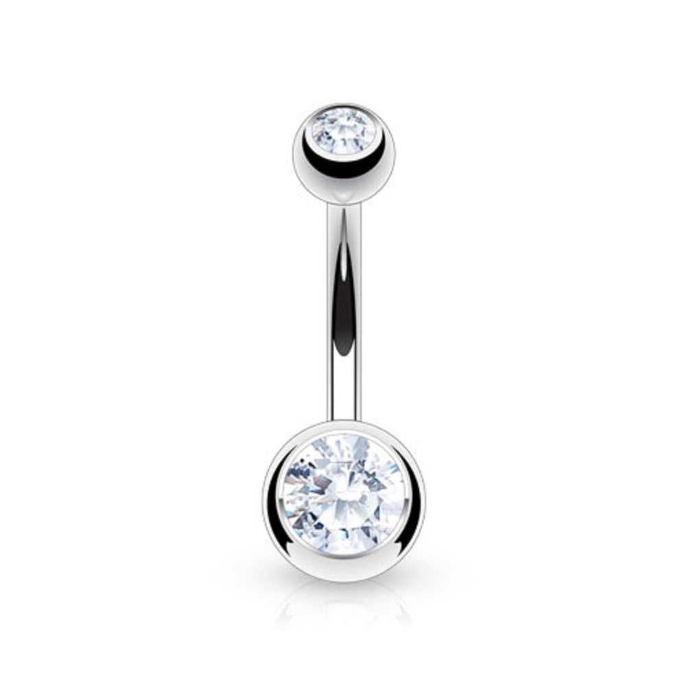 PiercedOff Titanium Belly Bar with Externally Threaded Clear CZ Gem Balls - Thickness 14GA (1.6mm) / Length 10mm / Ball Sizes 5mm Top and 8mm Bottom