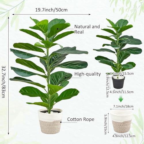 ORCHID M®Artificial Fiddle Leaf Fig Trees, Tropical Theme Artificial Ficus Lyrata Fake Potted Plant with Cotton Rope Baskets for Home Office Bedroom Decoration Gifts(82cm)